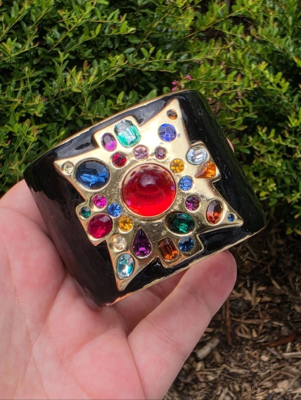 Vintage Kenneth Jay Lane KJL Maltese Cross Bracelet Signed Cuff Bullet Cabochon - Picture 2 of 16